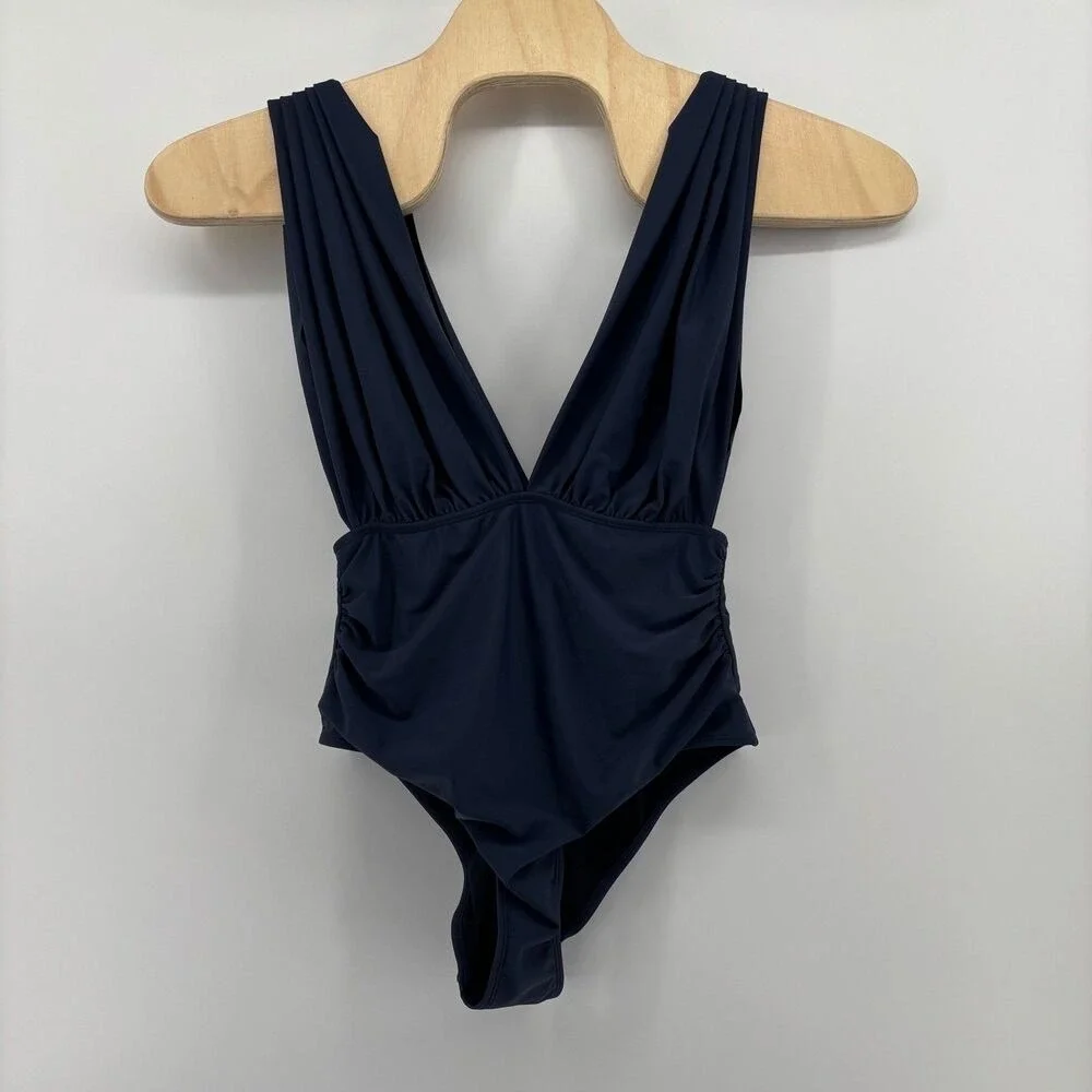 Cupshe One Piece Swimsuit Navy Blue Women Large V-Neck Ruched CAA12L4M001UU